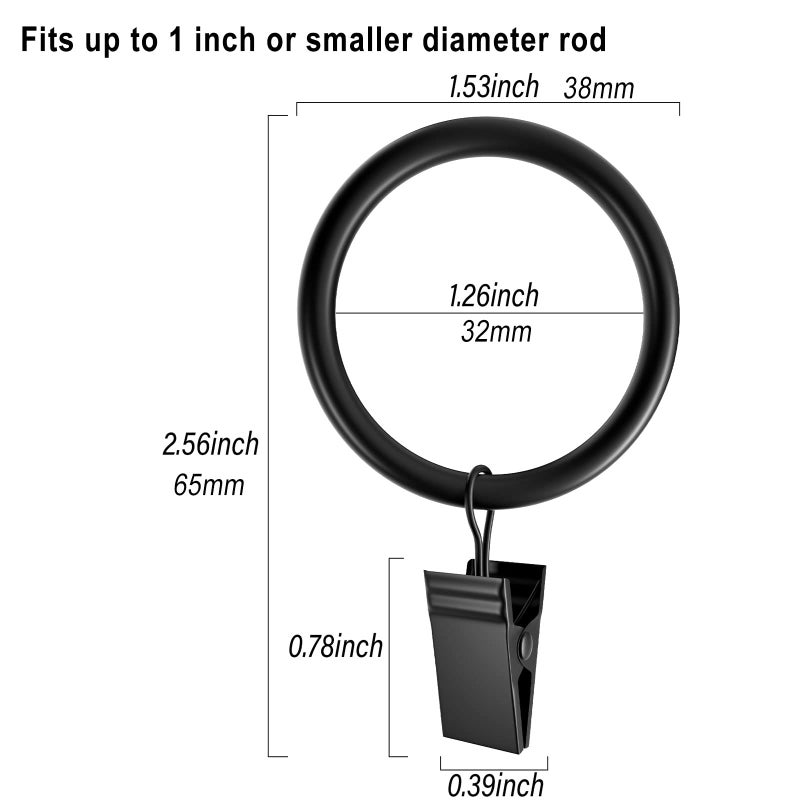 Lansian 20Pack Curtain Rings with Clips, Drapery Clips for Curtain, Drapery Rings with Clips for Hanging Drapery Drapes Bows, 1.26 inch Interior Diameter, Fits up to 1.1 in Curtain Rod, Vintage Black - Image 2